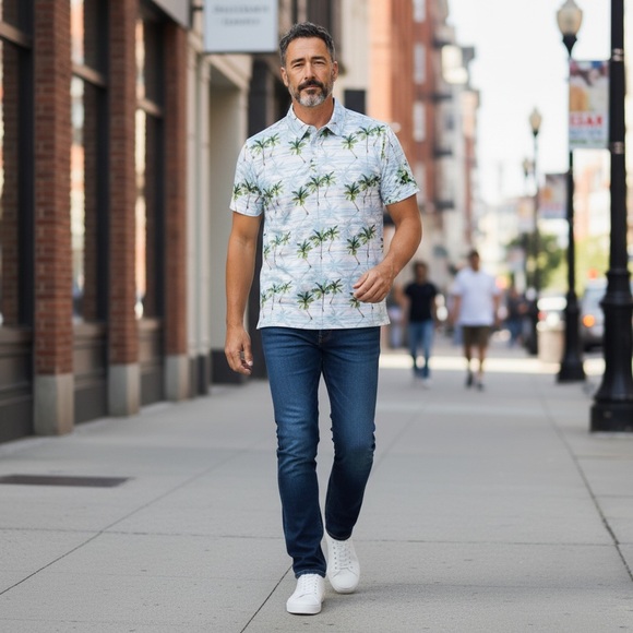 Other - YATTA GOLF Palm Tree Performance Polo Shirt Men's Medium Light Blue Tropical